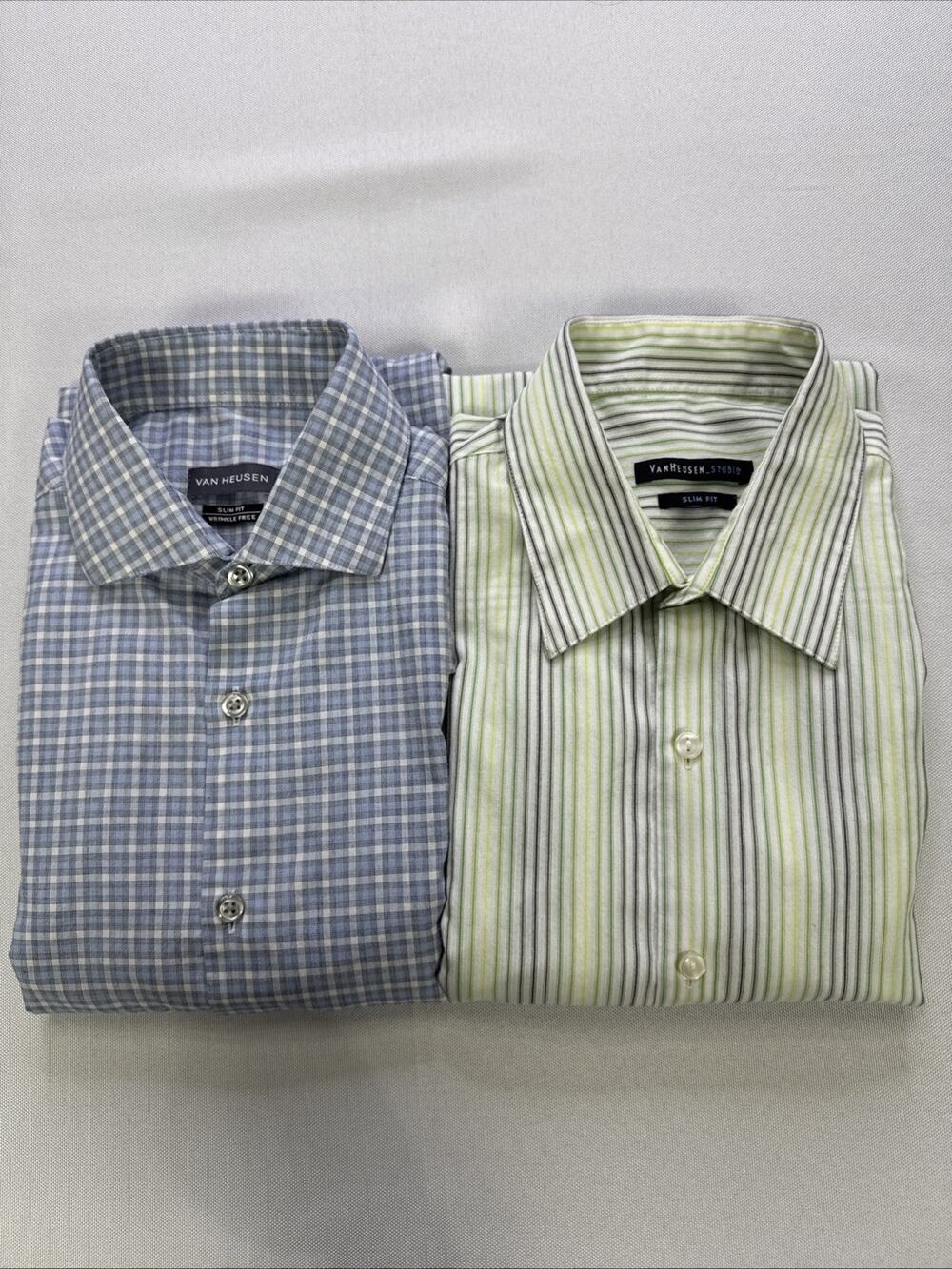 Lot of 2 Van Heusen Slim Fit Dress Shirts Men’s Green Stripe Blue Plaid 15 32/33
